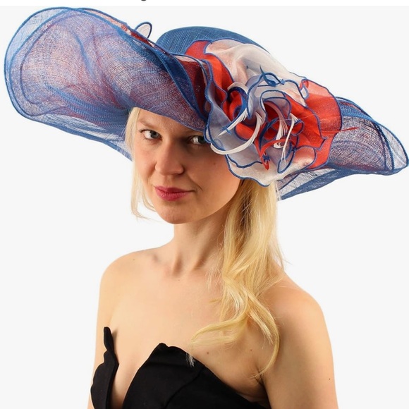 Accessories - Kentucky Derby Side Flip 7" Brim Sinamay Layered Feather Hat USA Flag Patriotic
